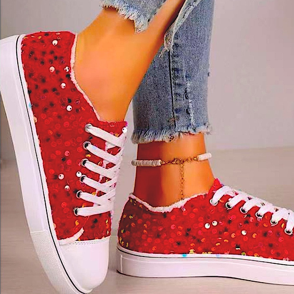 Sequin Round Toe Flat Sneakers (Red)